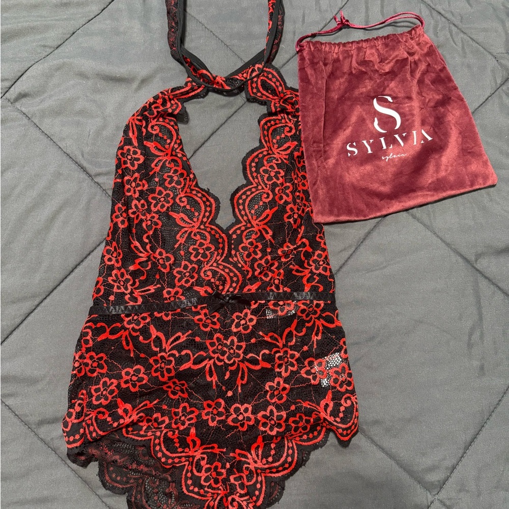 Sylvia Red and Black Lace body suit